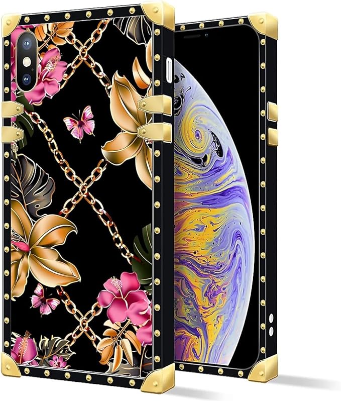 Compatible with iPhone Xs Max Case, Pink Golden Chain Tropical Flower Luxury Golden Decoration for Girl Women Soft TPU Shockproof Protective Hard PC Back for iPhone Xs Max