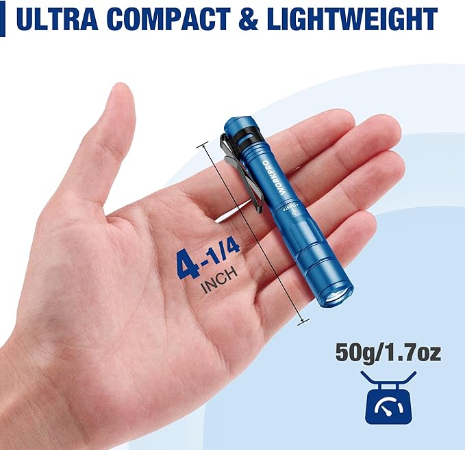 WORKPRO Rechargeable Pen Light, Mini Flashlight, 2 Pack Ultra-Compact EDC Flashlight, Pocket Flashlight with Clip, Memory Function and 2 x USB C Cable Included, Blue