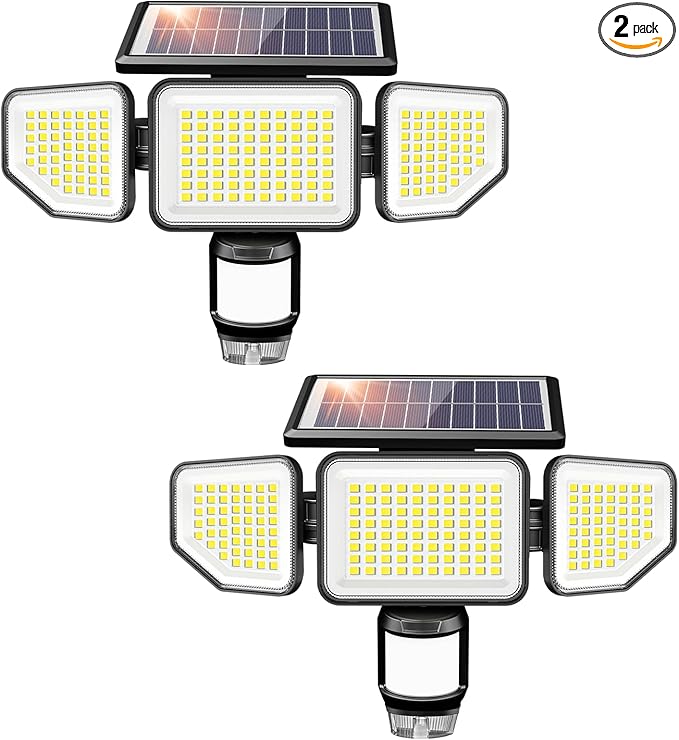 Onforu Solar Lights Outdoor, 3 Heads Security Lights with Remote Control & Night Light, IP65 Waterproof Motion Sensor Lights, 3 Modes, Flood Lights for Wall, Porch, Yard, Outside, 2 Pack
