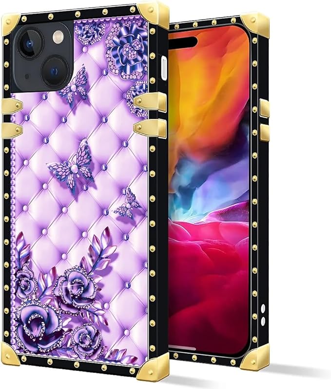 Compatible with iPhone 15 Case, Purple Butterfly Flowers Leaf Luxury Golden Decoration for Girl Women Soft TPU Shockproof Protective Hard PC Back for iPhone 15