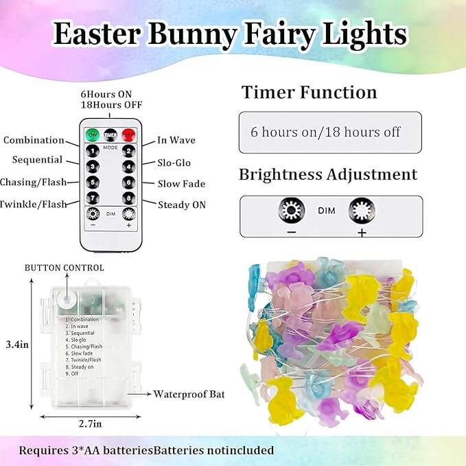 EXF Easter Decorations Bunny Pastel Fairy Lights, Battery Operated with Remote & 8 Modes & Timer, Waterproof Easter String Lights for Indoor Spring Themed Party Decor (Multi Color)
