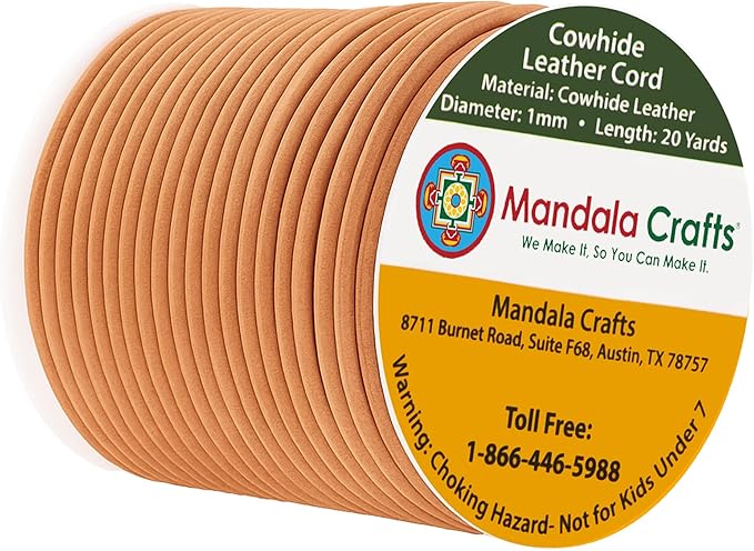 Mandala Crafts Round Genuine Camel Leather Cord for Jewelry Making – 1mm Cowhide Leather Rope String Lace for Kumihimo – 20 Yards Cowhide Craft Cording Spool