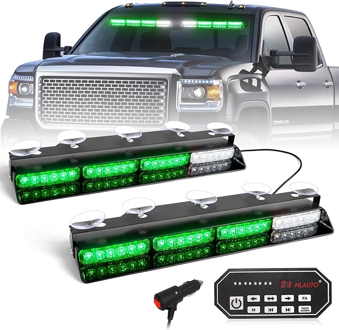HLauto 604N Emergency Dash Strobe Lights: 2x16.8 inch Green Security Light w/Take Down, 48 LED Safety Flashing Warning Hazard Interior Windshield Light Bar for Truck Vehicle