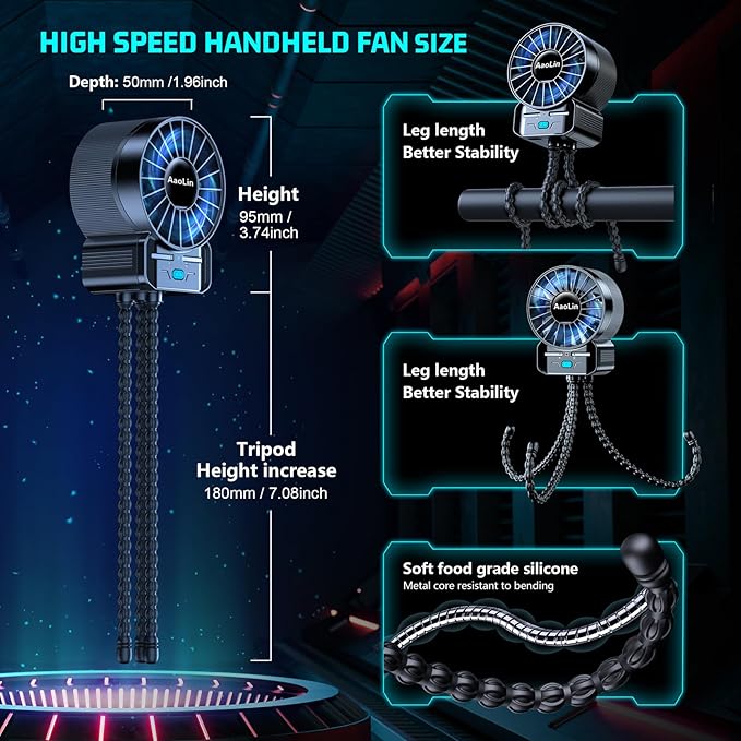 multifunctional USB rechargeable portable stroller small fan 4 speed 6600rpm high speed mini small handheld cooling fan extended flexible tripod for desktop wrap crib bike treadmill car kids gift