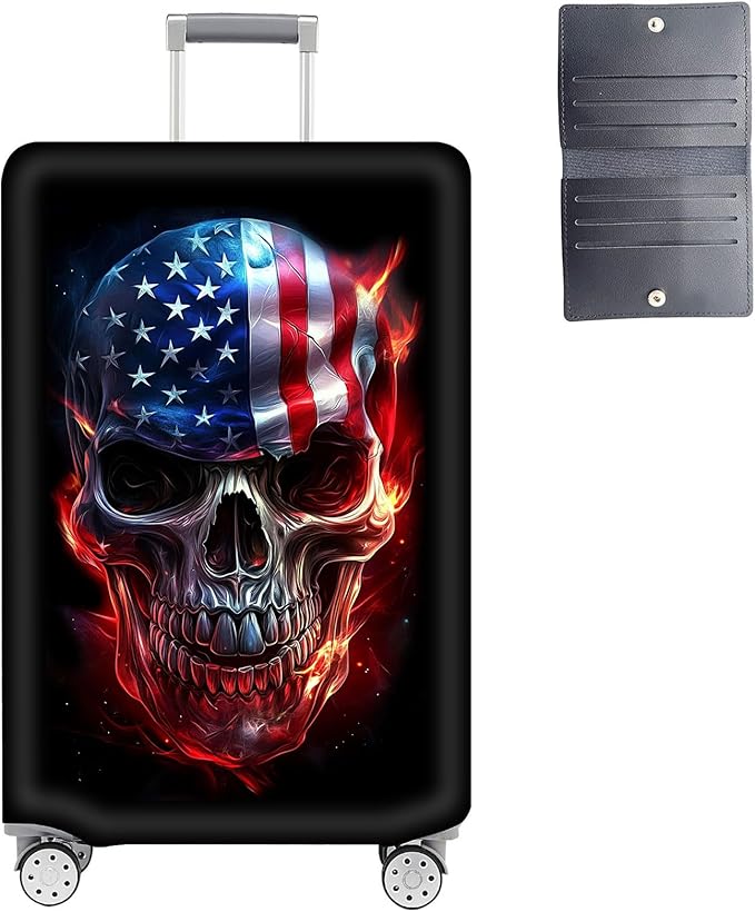 Luggage Cover Protector for 26-28 Inch Suitcases, TSA Approved Elastic Travel Suitcase Covers, Anti-Scratch Washable Luggage Sleeve for Carry On & Checked Bags, Skull American Flag