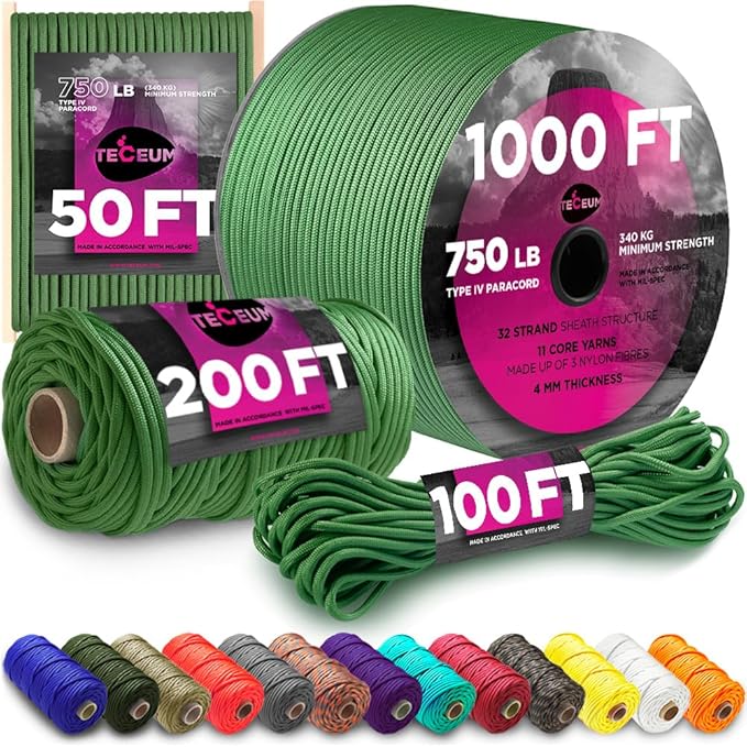 TECEUM 5/32" Paracord Rope 1000 – 1000ft / 200ft / 100ft / 50ft – Tactical Parachute Cord 4mm – 45+ Colors – Nylon String for Survival & Camping Gear – Stripe Cord for Survival – Utility Rope
