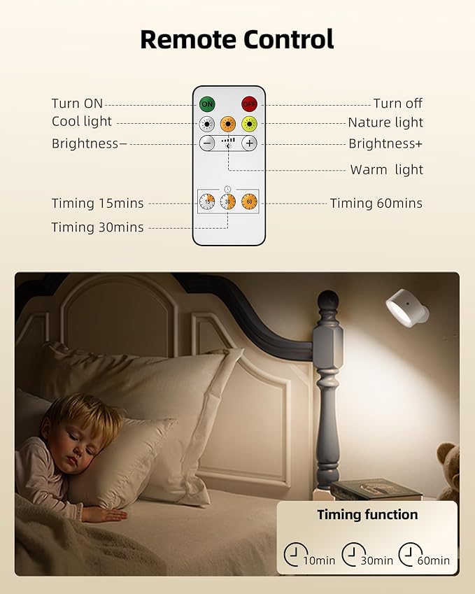 LED Wall Mounted Lights, Rechargeable Wall Sconces Lamp, 3 Color Temps & Remote and Touch, 360° Rotation Dimmable Cordless Wall Light for Study Bedroom Reading Bedside(White, 1 Pack)