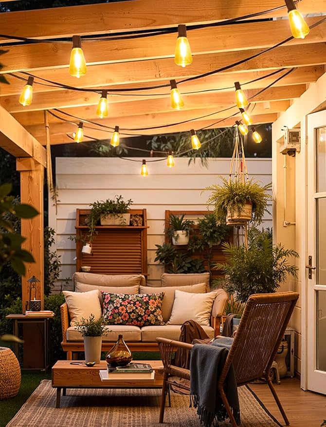 Larkvue 50FT(2x25FT) Outdoor String Lights, Patio Lights with 20+2 LED Dimmable Waterproof ST38 Vintage Shatterproof Bulb for Bistro Cafe Fence, Brown