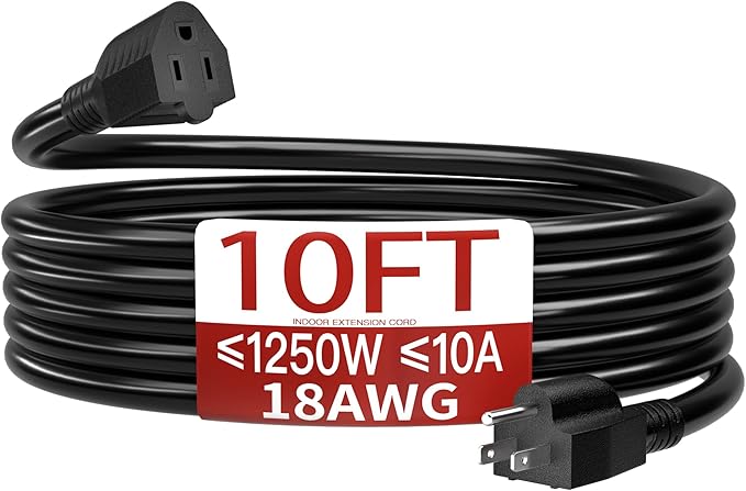 18/3 Indoor Extension Cord 10 FT, Black Extension Cord Flexible & Durable, 3 Prong Power Cable, Suitable for Home and Office, 10 Amp 1250 Watt 125VAC 18AWG, ETL Listed