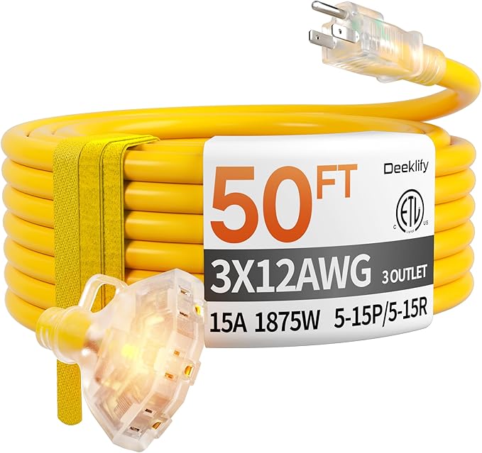 50 ft 12 Gauge Heavy Duty 3 Outlet Extension Cord Splitter with Indicator, Waterproof Outdoor Extension Cord with Multiple Outlets, 15A 1875W for Garden, ETL Listed, Flexible Yellow SJTW