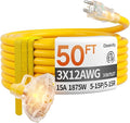 50 ft 12 Gauge Heavy Duty 3 Outlet Extension Cord Splitter with Indicator, Waterproof Outdoor Extension Cord with Multiple Outlets, 15A 1875W for Garden, ETL Listed, Flexible Yellow SJTW