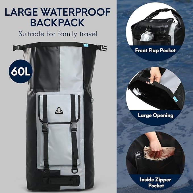 Haimont Waterproof Backpack Roll Top Dry Bag Kayak Dry Backpack IPX7 for Outdoor Dry Pack Boating Fishing 60L, Black/Gray