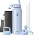 Water Bottle 40 oz Insulated with Straw&Brush, Coolflask Vaccum Stainless Steel Metal 3 Lids Water Flask for Sports, Gym or Office, Keep Cold 48H Hot 24H, Light Blue