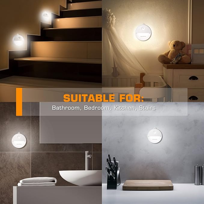 EverBrite LED Motion Sensor Night Light, Automated On & Off, Cool White Motion Activated LED Night Light for Kitchen, Bathroom, Stairs, Bedroom - with 18 AAA Batteries, 6-Pack