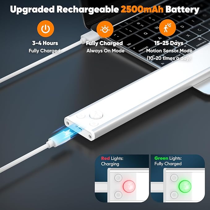 Motion Sensor Under Cabinet Lights, 2500mAh 12inch Battery Operated Wireless Under Counter Lights Indoor, Magnetic 108-LED Dimmable Closet Lights for Kitchen with 3 Color Temperature, 3 Packs