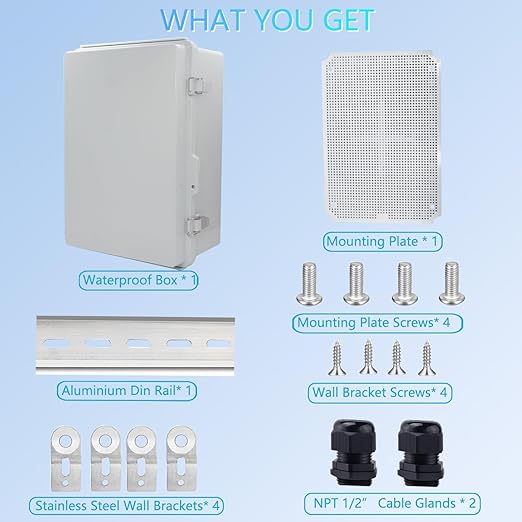 IP67 Waterproof Junction Box, ABS Plastic Electrical Enclosure with Stainless Steel Latch, Hinged Cover Electric Box with Mounting Plate, Wall Brackets & Cable Glands 350x250x150