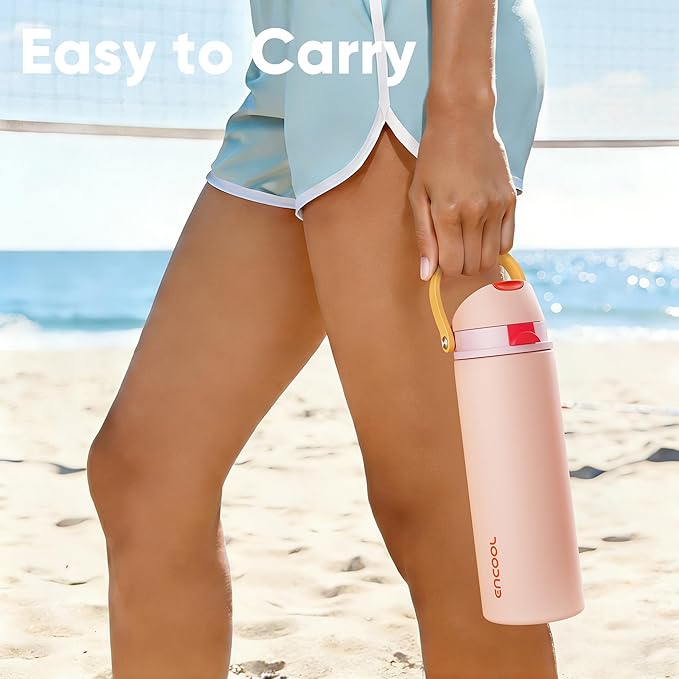 Insulated Water Bottle with Straw - Encool Stainless Steel Water Bottle with Push Button Lid, Leak-Proof & BPA-Free, Keeps Cold for 24 Hours for Sports, Travel, Gym (32 oz, Pink Daisy-Red)