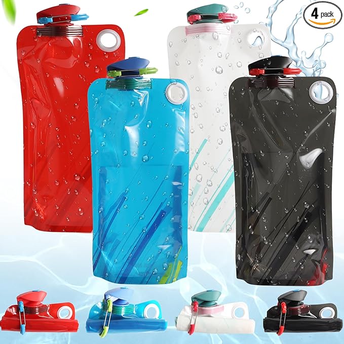 4 Pack Collapsible Water Bottle With Carabiner, 34 Ounce Foldable Water Bag with Leakproof Lid, Food-Grade Silicone Portable Water Bottle for Hiking, Sports, Camping, Biking, Traveling, BPA-Free