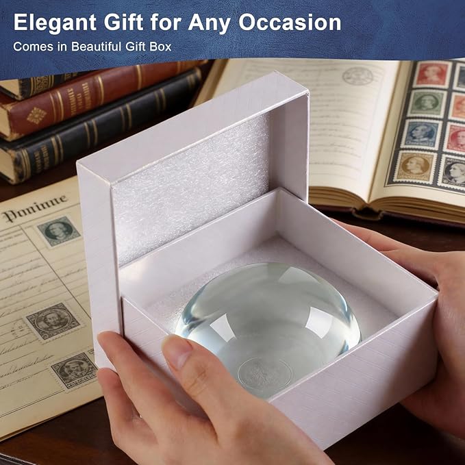 6X Crystal Dome Magnifier Paperweight, 3.8 Inch Large Dome Reading Magnifying Glass with Gift Box, Desktop Paperweight Magnifier for Books, Maps, Documents, Crafts & Seniors (3.8 Inch-Tall Version)