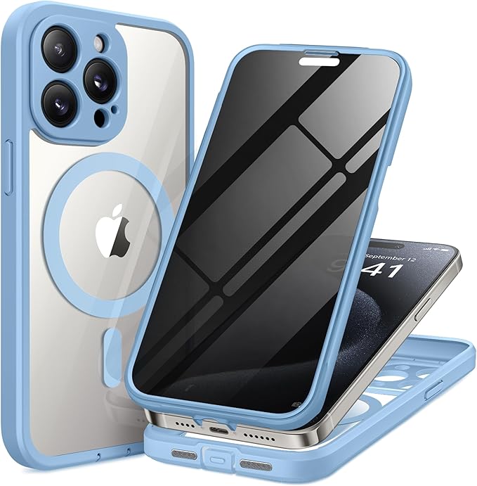 TIESZEN for iPhone 15 Pro Max Case, Compatible with MagSafe, Built-in Privacy Screen Protector and Camera Protection, Anti Spy Full Body Dustproof Shockproof Hard Phone Case 6.7", Sky Blue