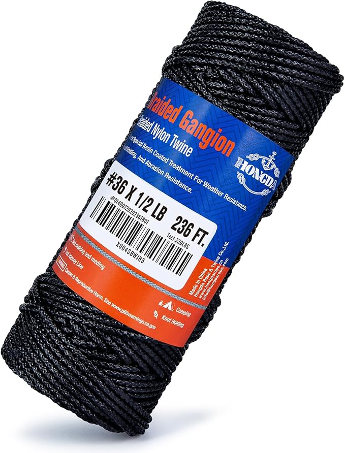 HONGDA Braided Tarred Bank Line Twine, Black Nylon String, 236 Feet #36, 2.2mm for Gardening, Construction, Gear Tying, Jungle Survival, Trotline
