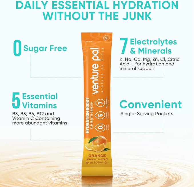 Venture Pal Sugar Free Electrolytes Powder Packets - Liquid Daily IV Hydration Packets | Instantly Hydrating & Party Recovery | 5 Vitamins & 7 Electrolytes | Certified Vegan, Keto, Non-GMO | 16 Sticks