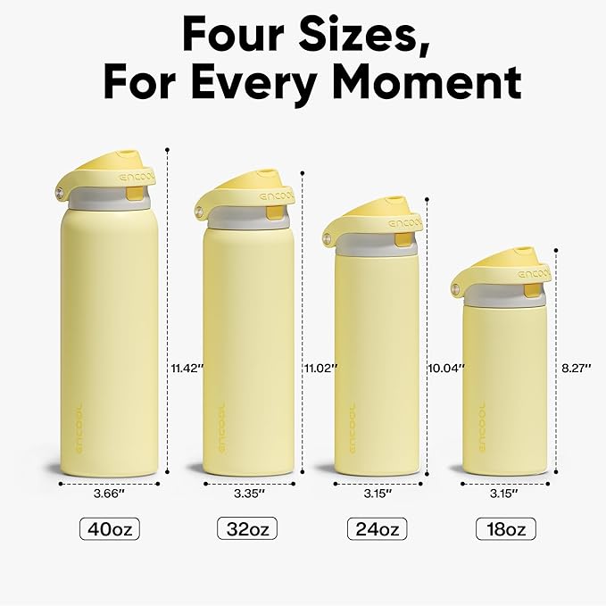ENCOOL Leakproof Insulated Water Bottle with Straw Dual-Sip Water Bottle Bag-Safe Design for Work, Commute & Gym – Keeps Drinks Cold All Day, 32 oz, Butter Yellow