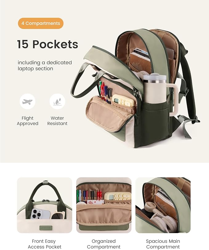 LOVEVOOK Laptop Backpack for Women - Stylish Work Backpack with Large Cup Holder, Waterproof College Teacher Backpack, Green, 17Inch