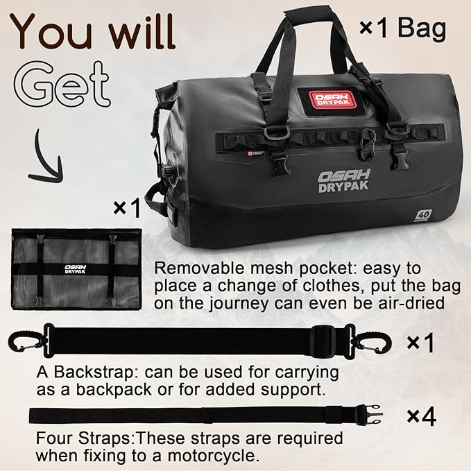 OSAH DRYPAK Waterproof Duffel Bag 25L/40L/60L – Heavy-Duty Motorcycle Tail Bag, Roll-Top Dry Bag for Travel, Camping, Boating, Kayaking, Outdoor Adventure