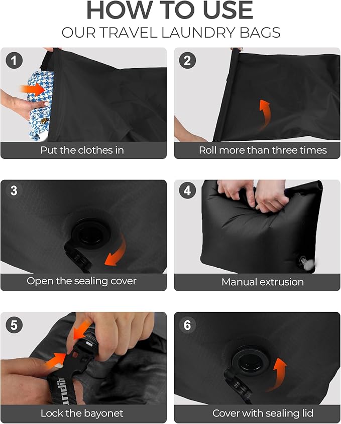 Travel Laundry Bag, Pump-Free Vacuum Compression Dirty Clothes Bag, Reusable Waterproof & Washable Laundry Bag, Wet and Dry Bag, Ideal for Suitcases, Road Trip Essentials (2 Pcs, M+M) Black