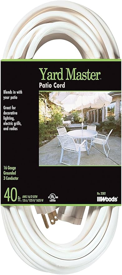 Southwire Outdoor Extension Cord - Light-Duty Landscape & Patio Cable - SJTW Extension - 16 Gauge - 3 Conductor - Weather Resistant - White - 40 Foot
