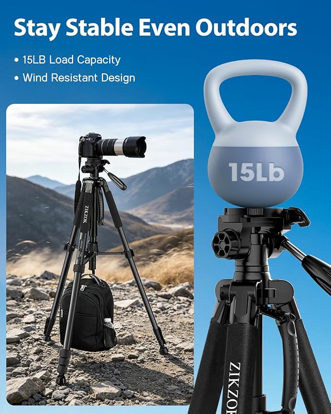 75" Camera Tripod, Aluminum Heavy Duty Camera Stand for ipad Phone, Travel Tripod with/Carry Bag/Phone Tablet Holder, Compatible with Canon Nikon Sony DSLR, Spotting Scopes, Max Load 15 Lb(Black)