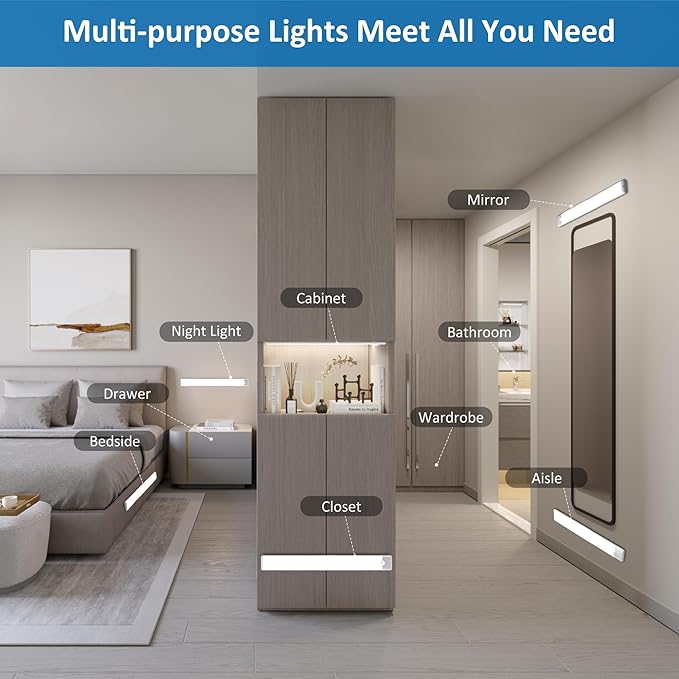 15.9 inch Motion Sensor Under Cabinet Lights, Magnetic Rechargeable Under Counter Closet Light, Wireless Night Light Bar Stick-On, Cool White, 3-Pack