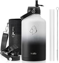 BUZIO 64oz Insulated Water Bottle with Straw Lid and Flex Cap, Stainless Steel Powder-Coat Water Flask, Keep Beverage Cold for 48 Hrs Hot for 24 Hrs Simple Thermo Canteen Mug, White and Black