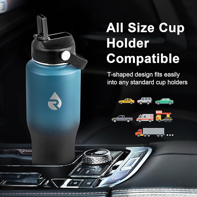 RAYMYLO 32 oz Insulated Water Bottle with Straw fit in Car Cup Holder, Triple Wall Vacuum Stainless Steel(Cold 48 hrs, Hot 24 hrs), Leakproof & Non-BPA, Hydro Travel Flask with Straw and Spout Lid
