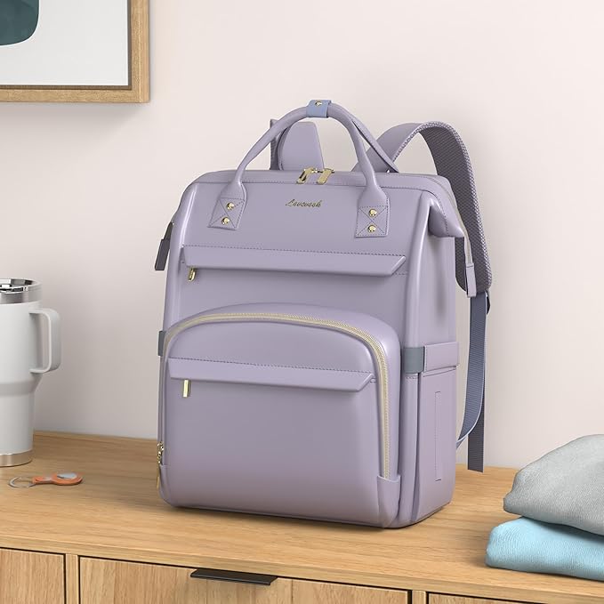 LOVEVOOK Leather Laptop Backpack for Women 17 inch,Travel Backpack Purse Nurse Teacher Backpack Computer Laptop Bag,Professional College Business Work Bags Carry On Backpack with USB Port,Grey Purple