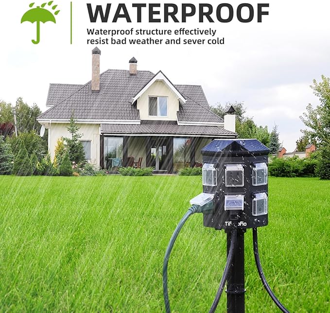 TiFFCOFiO Outdoor Power Strip with Stake Waterproof, 20 FT Extension Cord, 6 Grounded Outlets for Outdoor Lights, 14 AWG, 15A/1875W, ETL Listed