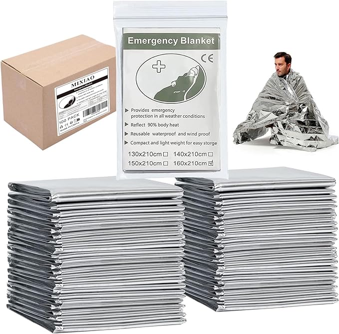Emergency Foil Thermal Blanket (Pack of 100), 210 x 160 cm (82" x 63"), Aluminized Polyethylene Mylar, Reflective Survival Blankets for Outdoors, Hiking, Marathons or First Aid