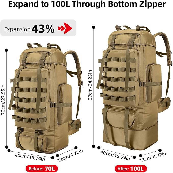 70L/100L Camping Hiking Backpack with Rain Cover, Expandable Large Military Tactical Backpack, Waterproof Molle Racksack Travel Backpacking Daypack for Climbing Trekking (Khaki)