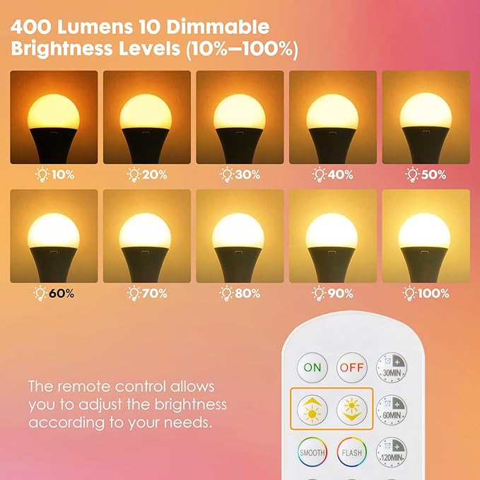 2Pack E26 Rechargeable Light Bulbs with Remote, A19 40W Equivalent Bulb, Soft Warm White 2700K, 400LM Dimmable 5W LED Light Bulb with 15 Colors 3 Timer for Non-Wired Lamp Sconce, Touch, Remote Control