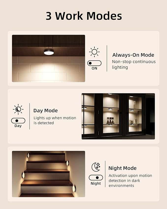 EZVALO Under Cabinet Lighting, 1000mAh Rechargeable Puck Lights with Remote, 3 Color Temps & 12 RGB Motion Sensor Closet Lights, Dimmable Under Cabinet Lights for Kitchen, Cabinets, Closet (3 Packs)