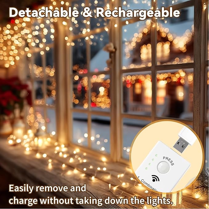 HXWEIYE Rechargeable Fairy Lights Battery Operated, DIY Timer & 8 Modes, 4 Pack 16FT 50LED Twinkle String Lights Indoor, Led mini Lights for Bedroom Wedding Dorm Christmas Tree Decor (Warm White)