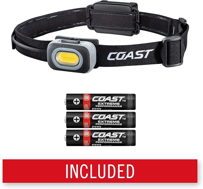 Coast RL10 560 Lumen Dual Color LED Headlamp with Flood and Spot Beams, Variable Light Control, C.O.B., Alkaline Dual Power, Non-Slip Band, 3 x AAA Included