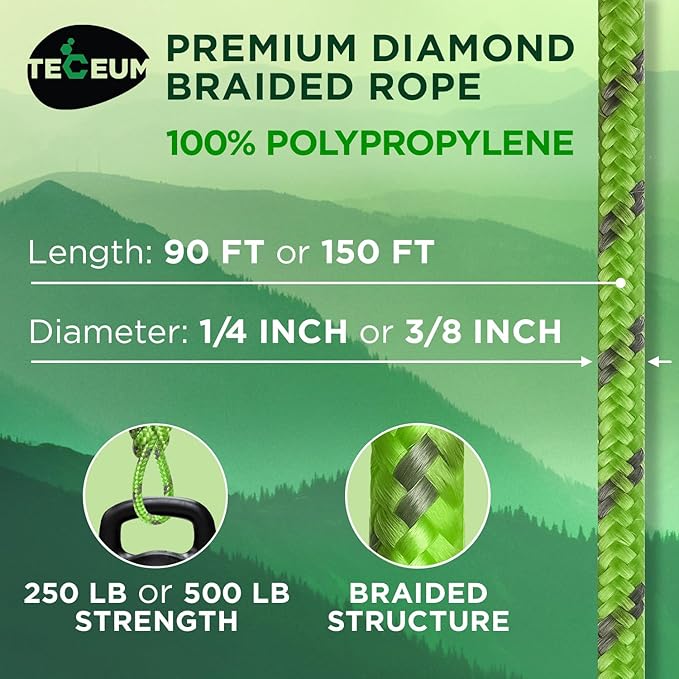 TECEUM Rope – 150 Feet x 1/4 Inch (7mm) – Green Gray – Strong All-Purpose Utility Rope – Camping, Crafting, Flag Pole, Indoor & Outdoor – Polypropylene Nylon Poly Lightweight Diamond Braided Cord