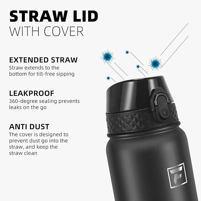 Fanhaw 20 oz Insulated Stainless Steel Water Bottle with Straw Lid, Leakproof & Anti-Dust Sports Bottle for Kids, Women & Men (Black)