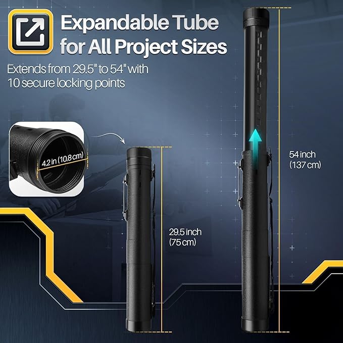 Flexzion Poster, Art, Document Tube with Strap, Expandable Waterproof Plastic Container, Telescoping Cylindrical Storage Case, Portable Paper Holder for Draft Sketch Blueprint, Black, youth large / 11