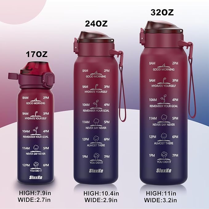 SLUXKE Insulated Water Bottle 17oz with 2Lids(Straw Lid & Spout Lid), 500ml Double Walled Water Bottle with Time Marker, Stainless Steel Metal Flask for Fitness, Gym and Outdoor RED BLACK