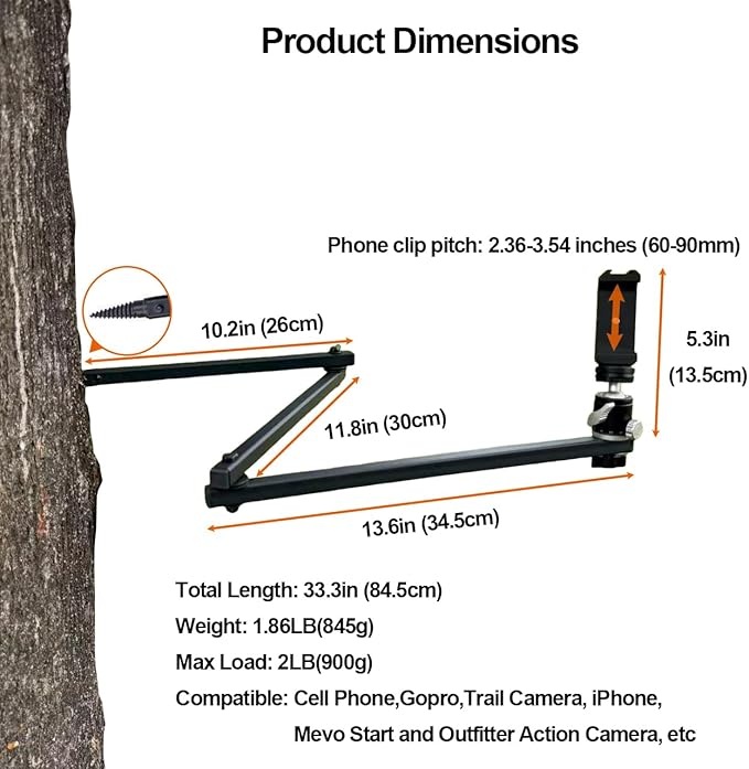 Tree Stand Phone Mount for Hunting,Treestand Phone Holder for Self Filming Hunts,Camera Arm for Hunting, Compatible Gopro, iPhone, Mevo Start and Outfitter Action Camera