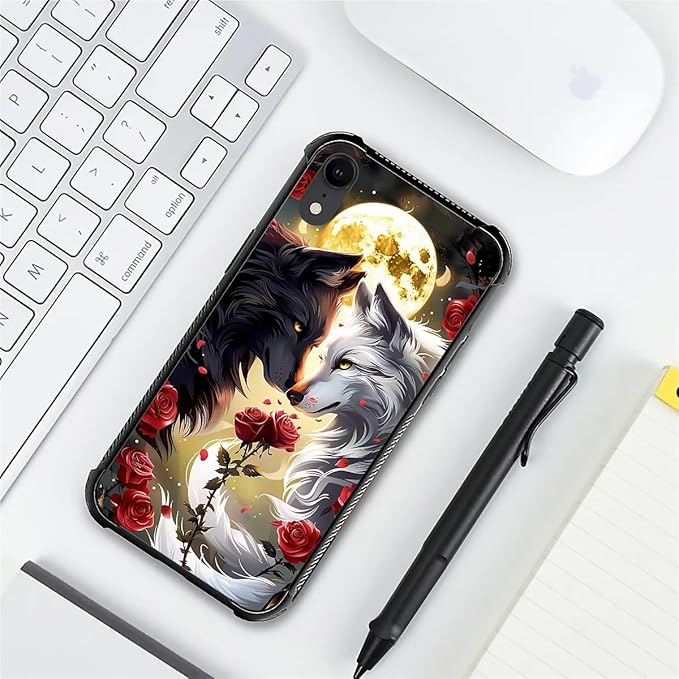 for iPhone XR Case, Black White Wolf Moon Flower Rose Pattern Graphic Design Girl Boy Soft Silicone Hard Acrylic Shock Protection for iPhone XR