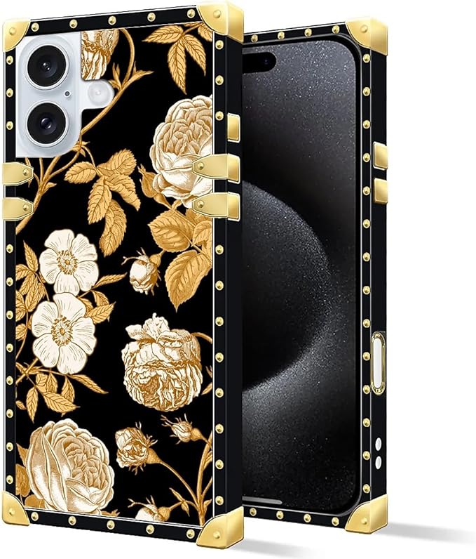 Compatible with iPhone 16 Plus Case, Blooming Rose Golden Flower Luxury Golden Decoration for Girl Women Soft TPU Shockproof Protective Hard PC Back for iPhone 16 Plus